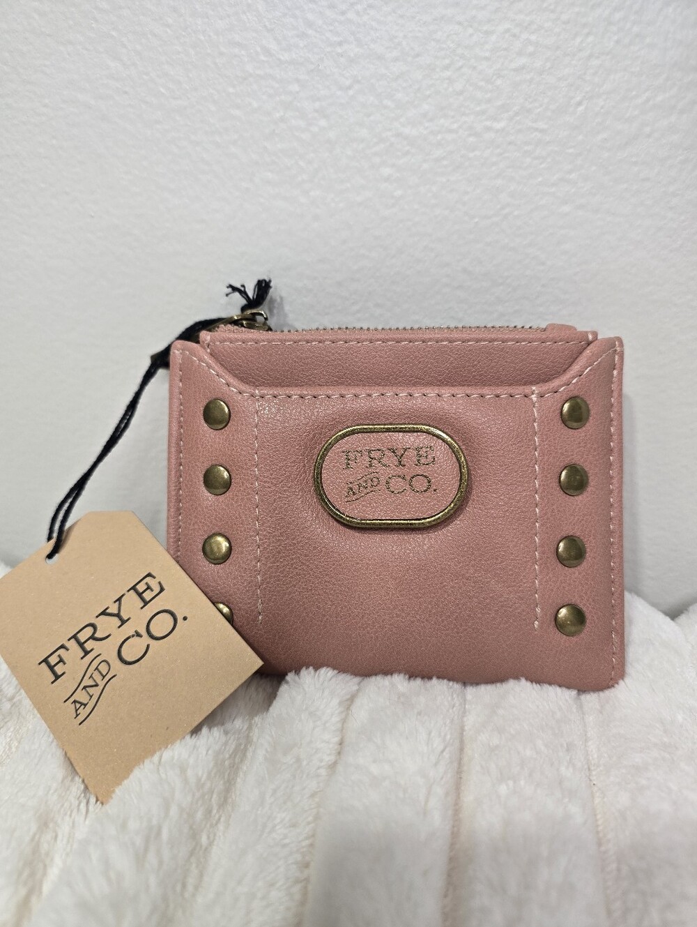 Frye & Co. Melissa Studded Logo Zip Card Holder Wallet Pink Blush NWT